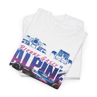 Close-up view of a classic white Alpine F1 Team Men’s T-Shirt featuring exquisite racing-themed graphics, embodying the elegance and heritage of the BWT Alpine F1 Team.