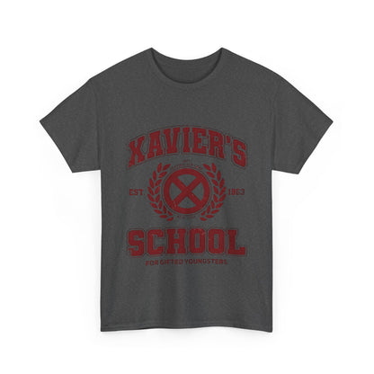 Front view of the dark grey Xavier's School for Gifted Youngsters X-Men logo graphic unisex tee shirt, showcasing an iconic design.