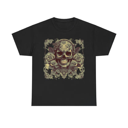 Skulls and Roses Cotton Tee: Luxurious black unisex graphic shirt with detailed skull and roses artwork showcased elegantly.