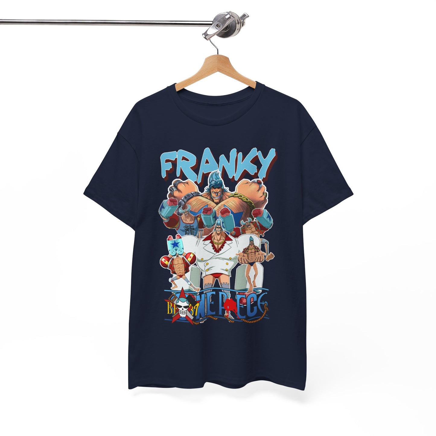Elegant navy t-shirt displayed on a hanger, adorned with a striking Franky graphic from 'One Piece', perfect for anime enthusiasts and fashion aficionados.