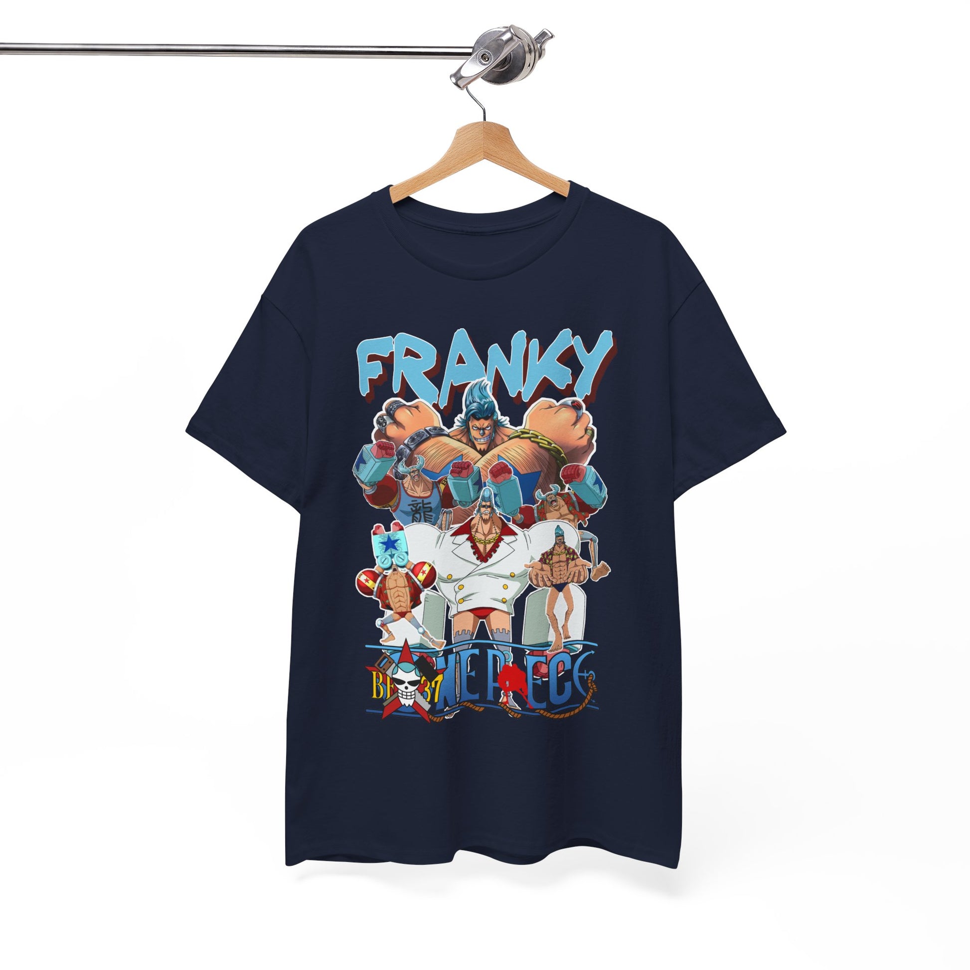 Elegant navy t-shirt displayed on a hanger, adorned with a striking Franky graphic from 'One Piece', perfect for anime enthusiasts and fashion aficionados.