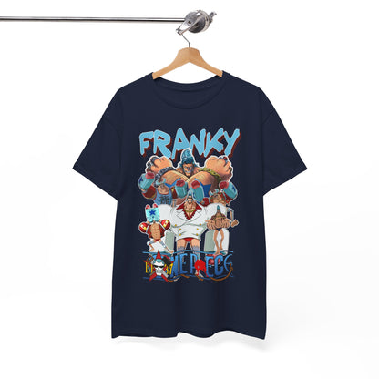 Elegant navy t-shirt displayed on a hanger, adorned with a striking Franky graphic from 'One Piece', perfect for anime enthusiasts and fashion aficionados.