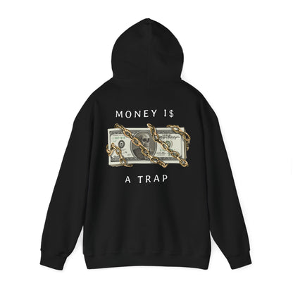 Stylish black hoodie adorned with the phrase 'MONEY IS $ A TRAP' over an imaginative graphic of chains and currency, creating a compelling fashion narrative.