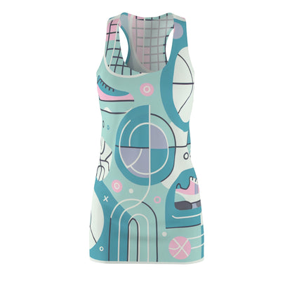 Elegant Emilia Beauvoir racerback dress by Dazzling Dreams Studio, showcasing a pastel sports-inspired design with vibrant colours and playful motifs.