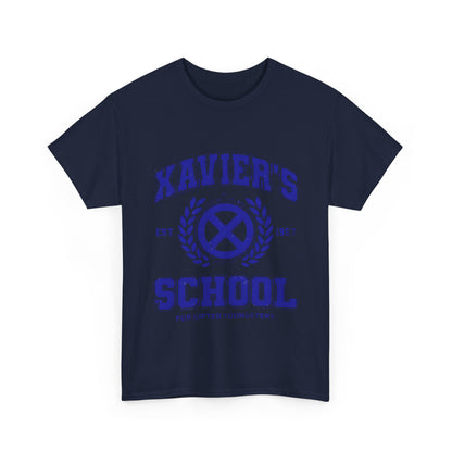 Front view of the Xavier's School for Gifted Youngsters X-Men logo graphic unisex tee shirt in rich navy blue, featuring a high-quality graphic design.