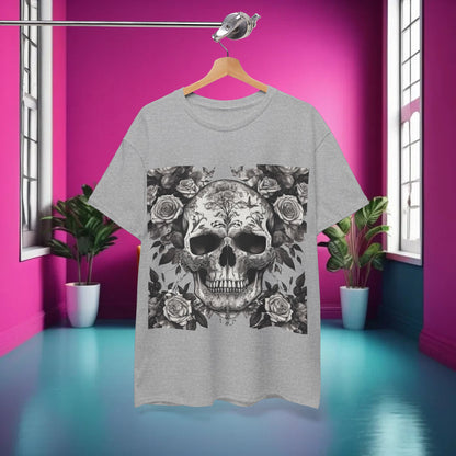 Skulls and Roses Cotton Tee showcased on a hanger in a stylish room setting, highlighting the stunning skull and floral design for a bold fashion statement.