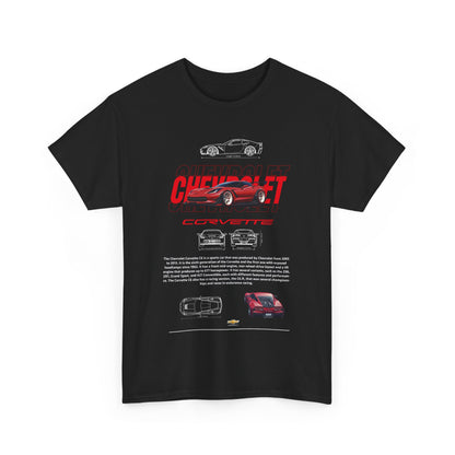Luxurious black men's t-shirt featuring a bold Chevrolet Corvette graphic design, merging automotive heritage with contemporary fashion aesthetics.