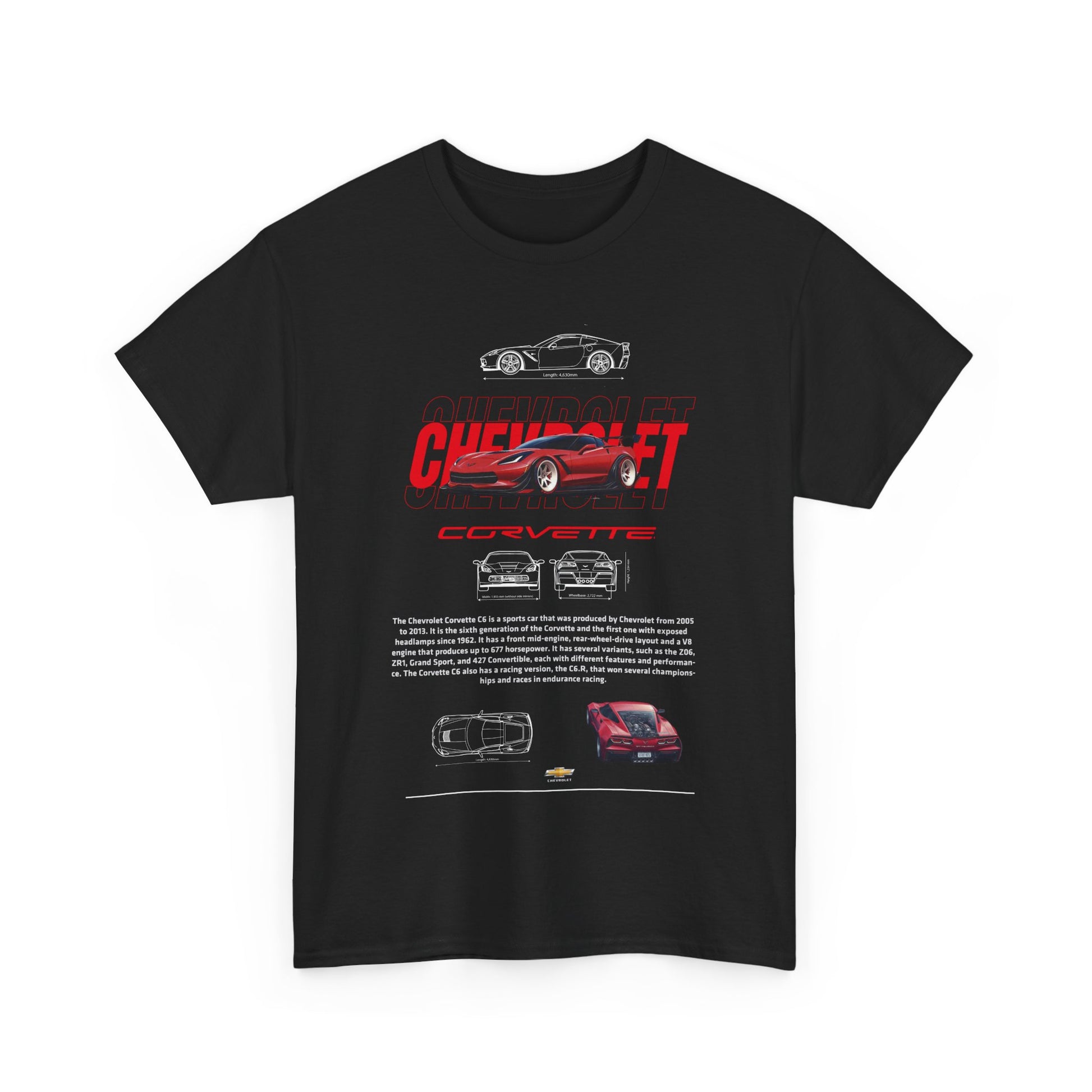 Front view of a luxury black Chevrolet Corvette C6 T-shirt featuring striking graphic design and detailed illustrations of the legendary sports car.
