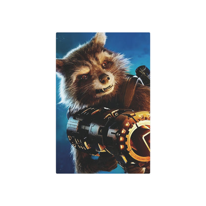 Marvel Guardians of the Galaxy Rocket Metal Art Poster featuring a striking depiction of Rocket Raccoon holding a futuristic weapon, with vibrant colors and intricate detailing on high-quality metal, ideal for elevating your décor.