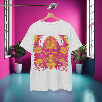 Skulls and Roses Cotton Tee, Unisex Graphic Shirt displayed elegantly in a stylish interior setting, showcasing its unique design.