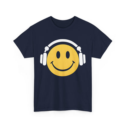 Enchanted Harmony Graphic T-Shirt with a striking yellow smiley face and headphones on a refined navy cotton fabric, an elegant choice for casual sophistication.