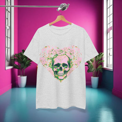 Skulls and Roses Cotton Tee featuring intricate skull and rose design, perfect for alternative fashion enthusiasts, set against a chic pink interior.