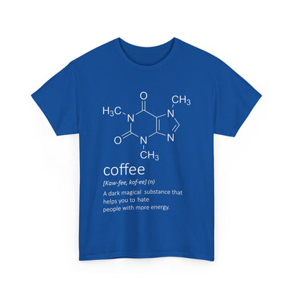 Urban Coffee Graphic T-Shirt for Men & Women - 100% Cotton Casual Streetwear Fashion, featuring an artistic coffee-themed design with molecular structure in white on a blue fabric.