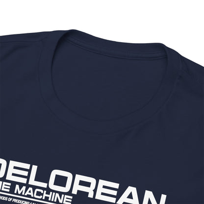 Close-up of the navy t-shirt collar showcasing the intricate printing of the DeLorean time machine blueprint, highlighting high-quality fabric and craftsmanship.