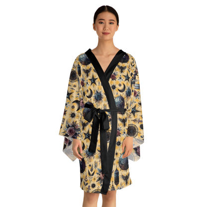 Luxury Floral Kimono Robe for women featuring cosmic designs with stars and moons, perfect for elegant loungewear.