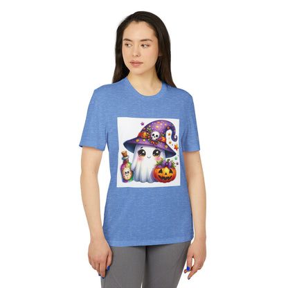 Model wearing the Adidas Unisex Halloween Party Ghost Cute T-shirt in blue, featuring a playful ghost design and Halloween-themed graphics.