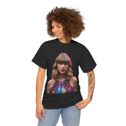 Stylish black Swifties psychedelic Taylor Swift heavy cotton tee featuring a vibrant, psychedelic image of Taylor Swift, perfect for stylish fans.
