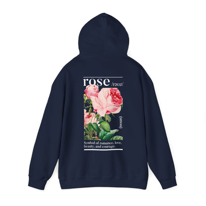 Elegant back view of a navy hoodie adorned with a stunning botanical rose illustration, highlighting shades of pink roses and striking text. Ideal for adding sophistication to any casual outfit.