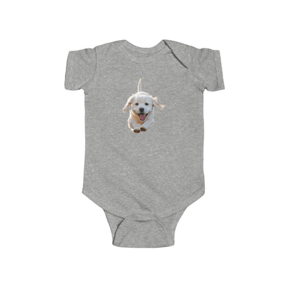 Charming Puppy Bodysuit in grey, showcasing a delightful puppy print, ideal for fashionable baby outfits.