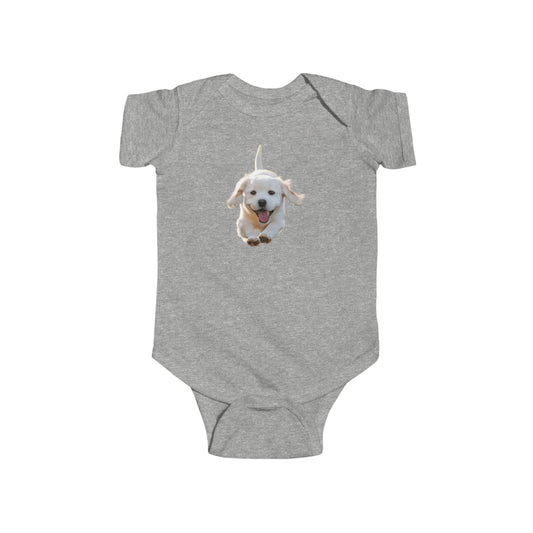 Charming Puppy Bodysuit in grey, showcasing a delightful puppy print, ideal for fashionable baby outfits.