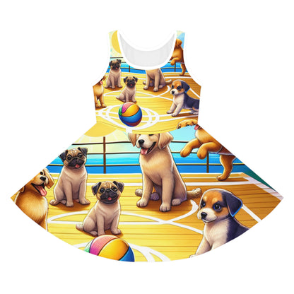 Isabella Cherubino Girls Summer Sundress with playful puppy print by Dazzling Dreams Studio, showcasing vibrant colours and whimsical design, perfect for summer adventures.