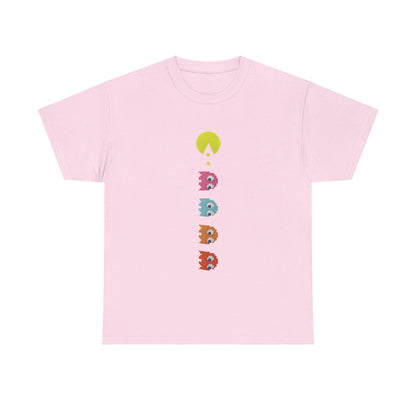 Unisex Pixel-Perfect Pac-Man Graphic Tee in soft pink, featuring an elegant vertical design with Pac-Man and vibrant ghost figures, a perfect blend of nostalgia and modern style.