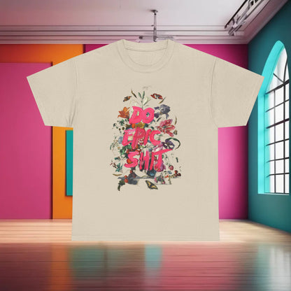 Elegant unisex cream t-shirt with an eye-catching floral design and the phrase 'DO EPIC SHIT', styled in a chic, colourful environment.
