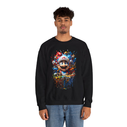 Trendy model showcasing the Computer Game Character Unisex Crewneck Sweatshirt in black, featuring a dynamic gaming character graphic, embodying a sophisticated yet playful style.