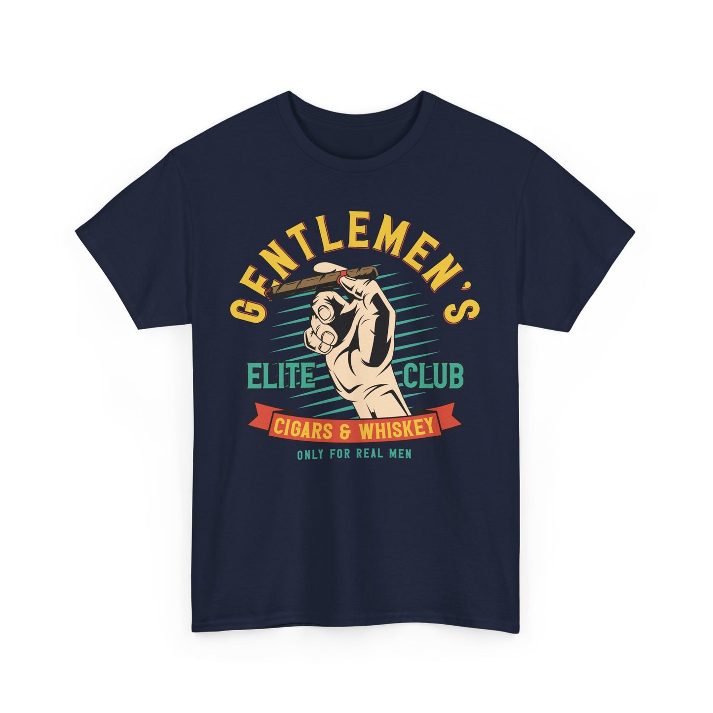 Stylish men's graphic T-shirt featuring a vintage-inspired design with bold lettering that reads 'GENTLEMEN'S ELITE CLUB' alongside an illustration of a cigar and whiskey, perfect for modern gentlemen.
