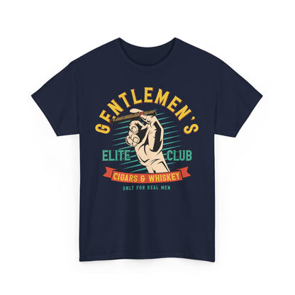 Stylish men's graphic T-shirt featuring a vintage-inspired design with bold lettering that reads 'GENTLEMEN'S ELITE CLUB' alongside an illustration of a cigar and whiskey, perfect for modern gentlemen.