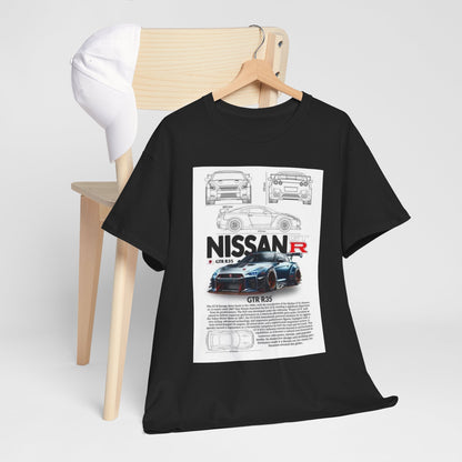 Nissan GTR R35 T-Shirt hung on a wooden rack, displaying the intricate technical design elements and sleek visuals, appealing to automotive aficionados.