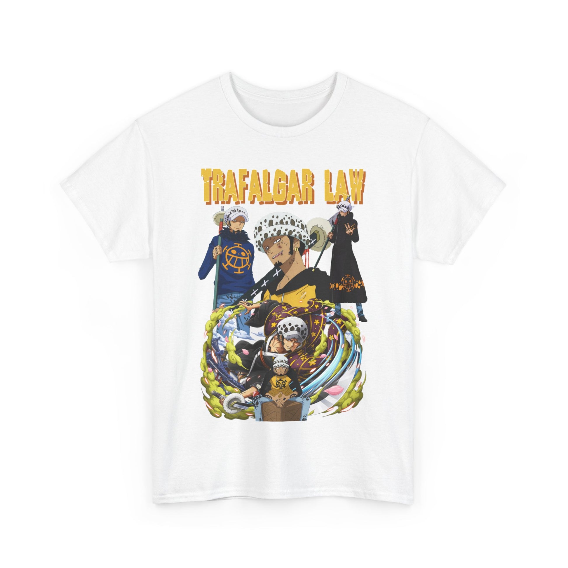 Refined white T-shirt elegantly displaying the vibrant imagery of Trafalgar Law from One Piece, ideal for expressing your fandom with luxury.