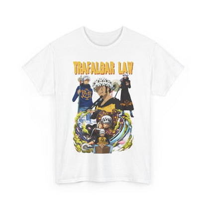 Refined white T-shirt elegantly displaying the vibrant imagery of Trafalgar Law from One Piece, ideal for expressing your fandom with luxury.