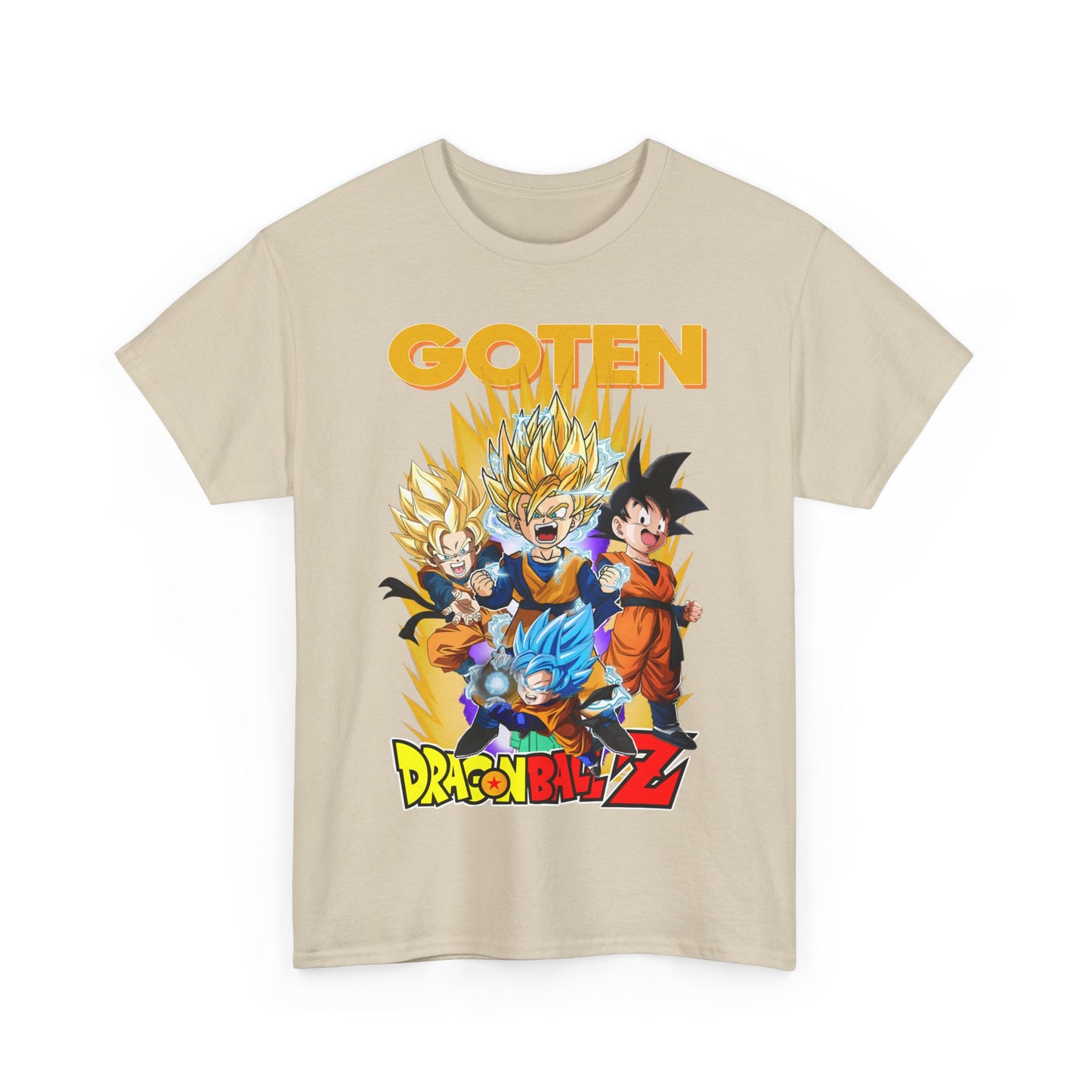 Sophisticated beige GOTEN Rising T-Shirt featuring dynamic Dragon Ball Z imagery, combining nostalgic design with luxurious materials for a modern appeal.