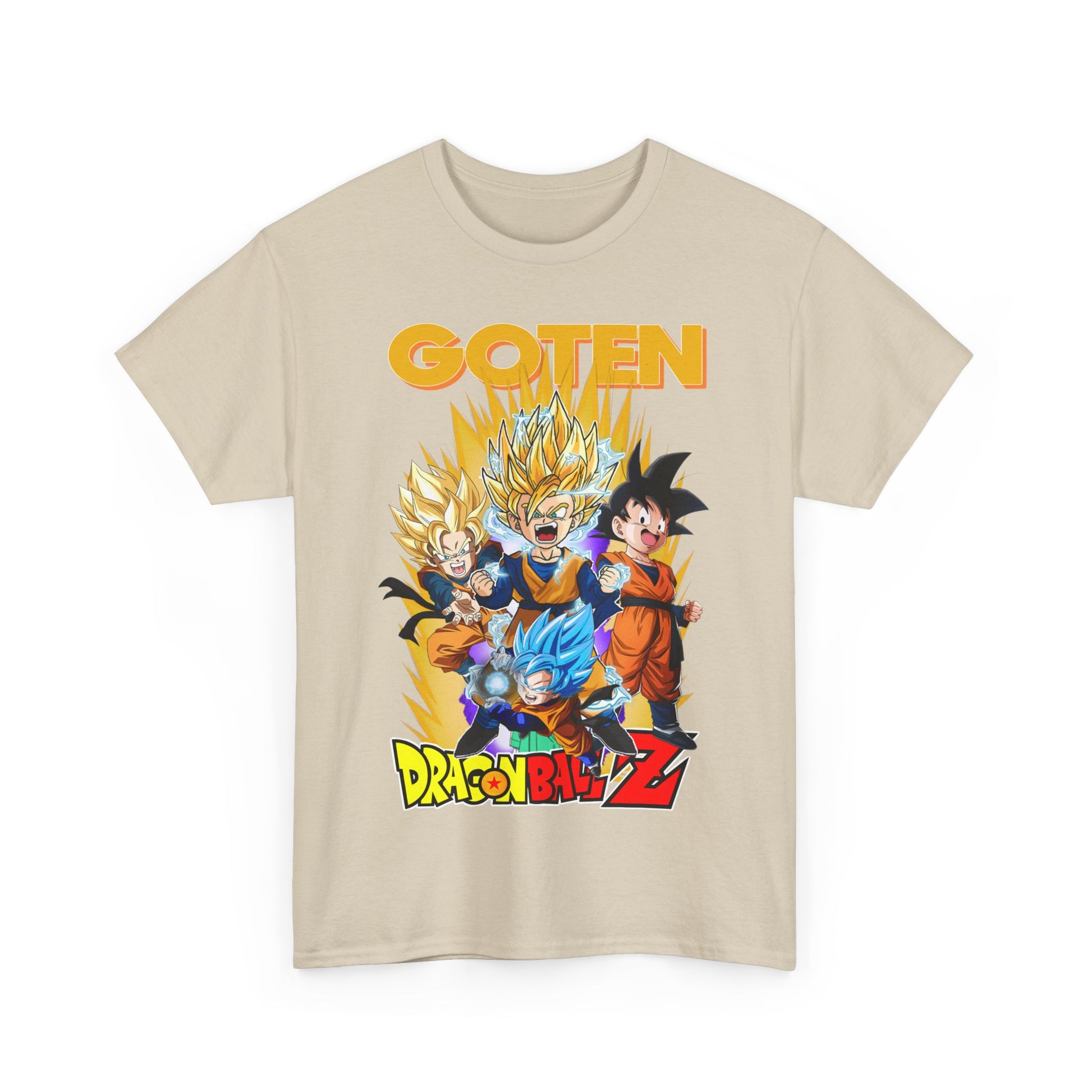 Sophisticated beige GOTEN Rising T-Shirt featuring dynamic Dragon Ball Z imagery, combining nostalgic design with luxurious materials for a modern appeal.