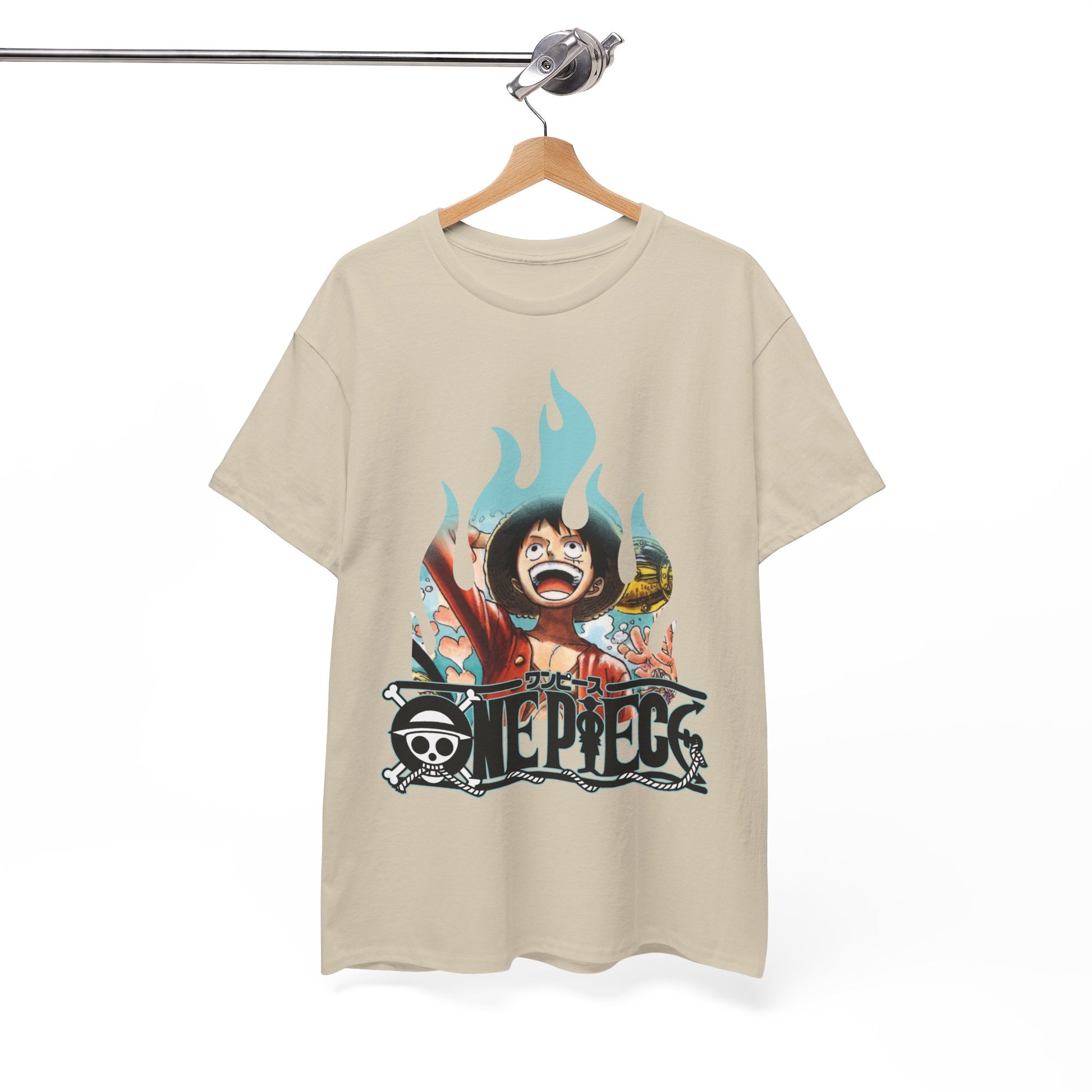 Luxuriously designed men's graphic t-shirt featuring vibrant artwork of a cheerful character, complemented by a dynamic flame background and the iconic logo, perfect for trendsetters and enthusiasts alike.