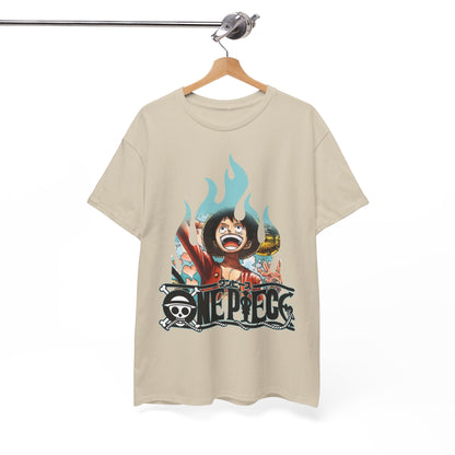 Luxuriously designed men's graphic t-shirt featuring vibrant artwork of a cheerful character, complemented by a dynamic flame background and the iconic logo, perfect for trendsetters and enthusiasts alike.