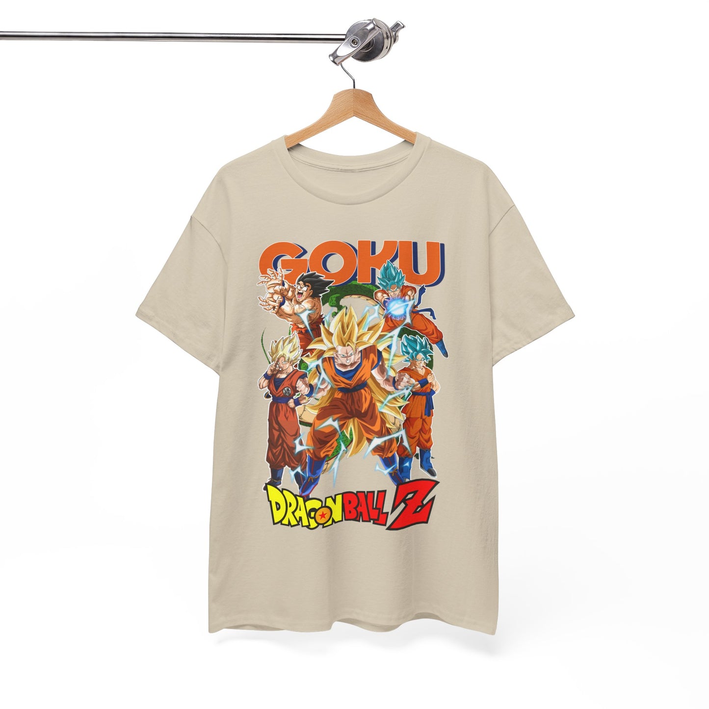 Stylish Goku Power Surge T-Shirt elegantly displayed on a hanger, highlighting striking Dragon Ball Z design with bold colours and detailed graphics.