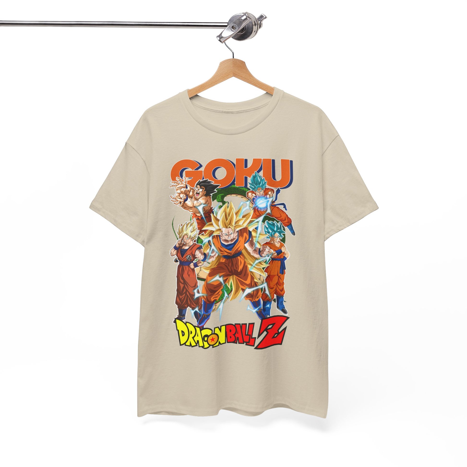Stylish Goku Power Surge T-Shirt elegantly displayed on a hanger, highlighting striking Dragon Ball Z design with bold colours and detailed graphics.