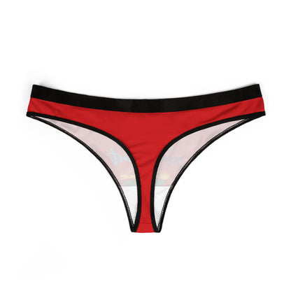Luxury red thong underwear with an enticing graphic print and playful slogan, designed for those who celebrate love with a sense of humour.
