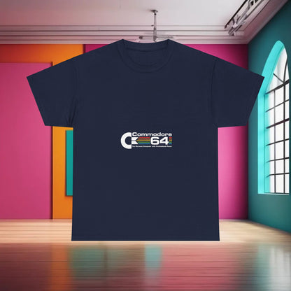 Luxury Commodore 64 Retro Christmas Graphic T-Shirt in navy blue, showcasing a vintage gaming design, perfect for festive style.
