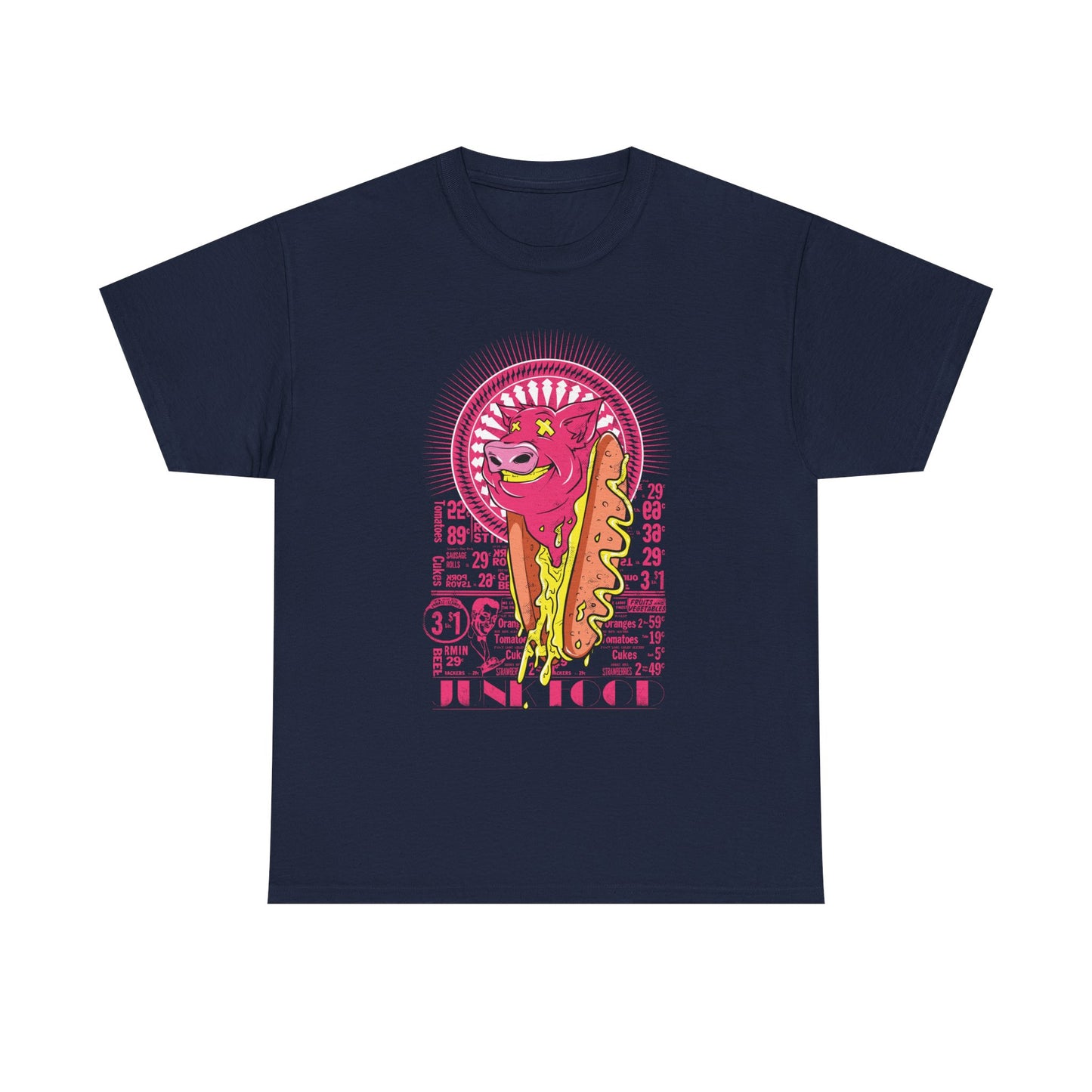 Elegant navy men's t-shirt showcasing a whimsical graphic of a cheerful pink pig and hot dog, perfect for adding a touch of playful nostalgia to any wardrobe.