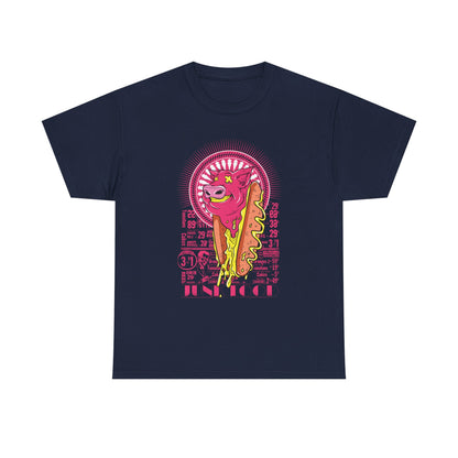 Elegant navy men's t-shirt showcasing a whimsical graphic of a cheerful pink pig and hot dog, perfect for adding a touch of playful nostalgia to any wardrobe.