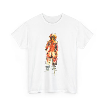 Elegant unisex cotton t-shirt showcasing a striking artistic rendering of a figure, perfect for expressing individuality and charm.