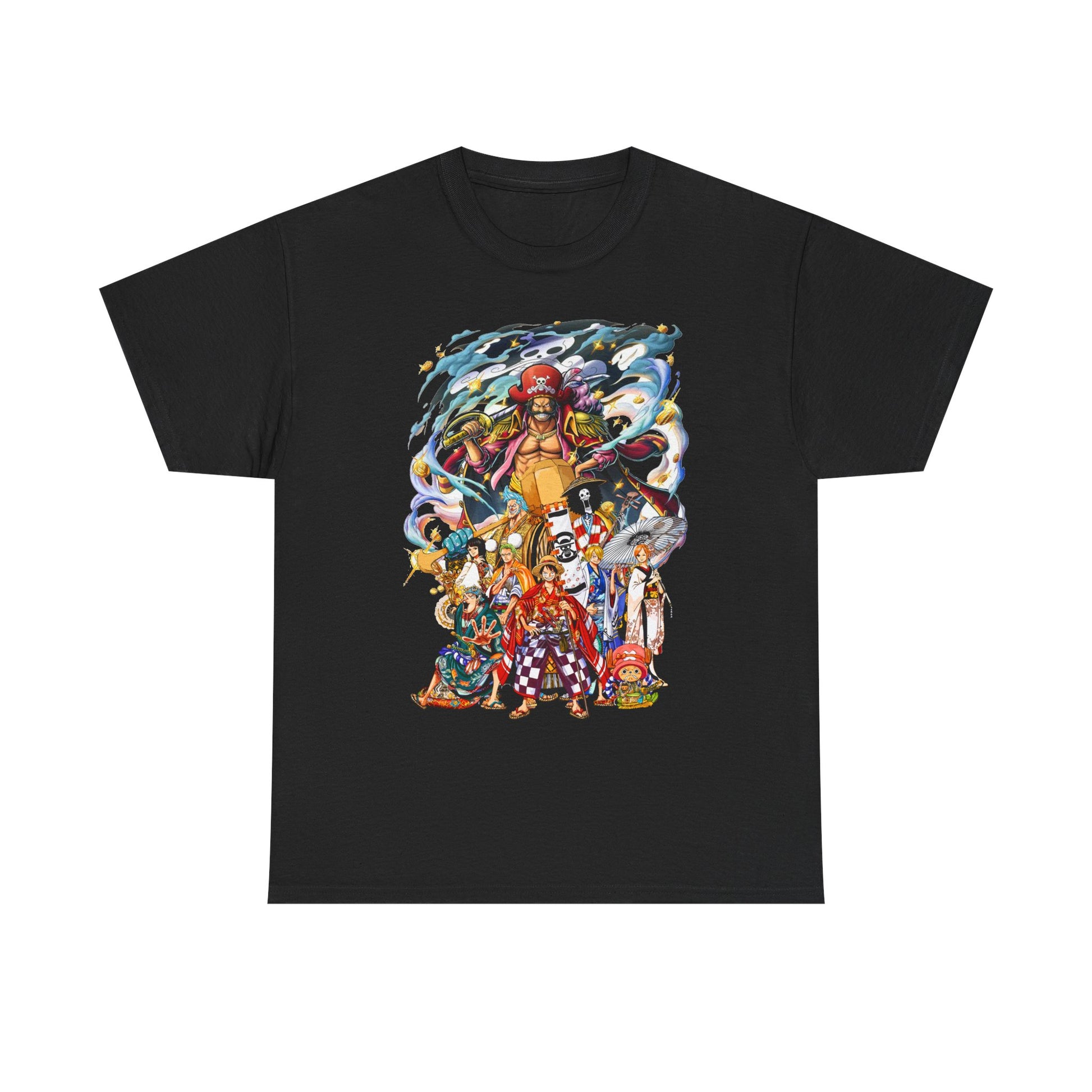 Luxurious Epic 1 Piece Adventure Men's T-Shirt featuring a vibrant anime design with an ensemble of characters in intricate costumes, set against a bold black backdrop for trendsetting style.