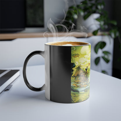 Discworld Witches Abroad Colour Morphing Mug filled with a steaming beverage, highlighting the magical transformation features and elegant design for an immersive drinking experience.