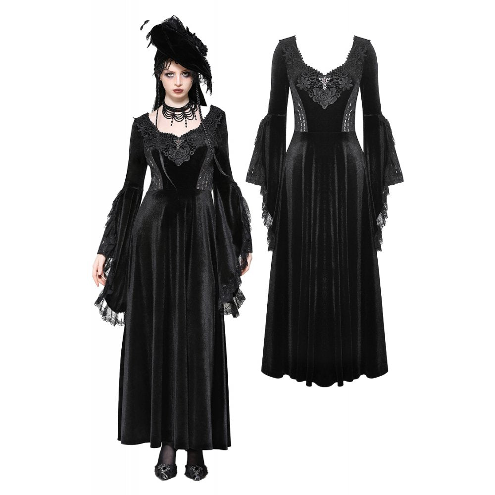Dark In Love Petricka velvet maxi dress showcasing oversized bell sleeves and elegant lace trim, perfect for gothic romantic style.
