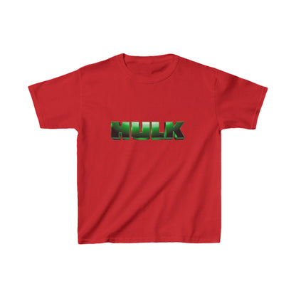 Kids Heavy-Duty Hulk Graphic Tee in vibrant red, featuring bold Hulk logo, perfect for young superheroes.