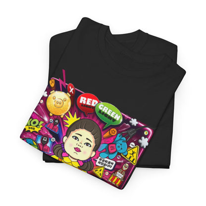 Sophisticated graphic tee displayed in a folded view, featuring a colourful design inspired by a renowned game, appealing to fashion-conscious individuals who embrace uniqueness.