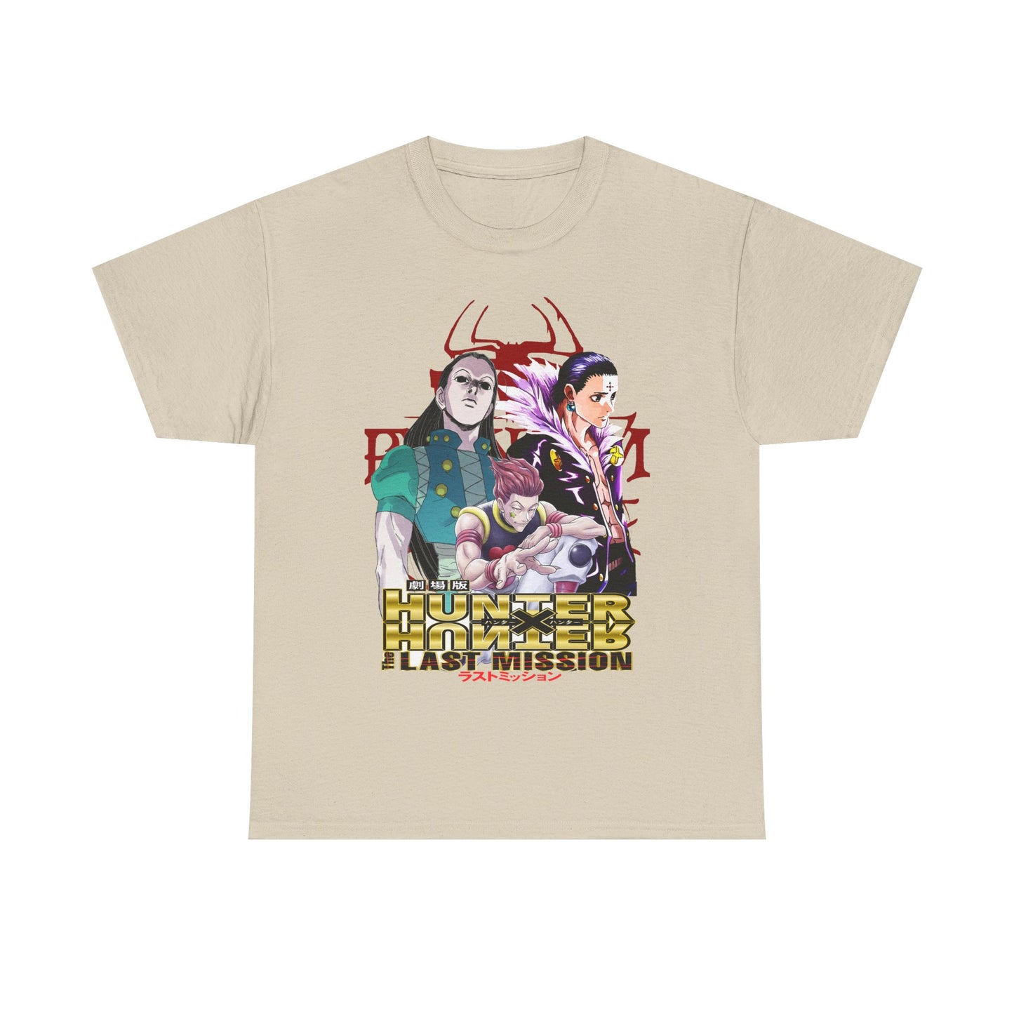 Elevate your style with a luxury beige Hunter x Hunter T-shirt featuring striking illustrations of iconic characters from The Last Mission anime series, radiating a dynamic presence.